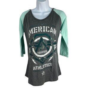American Fighter Womens 3/4 Sleeve Graphic Tee Size S Gray & Mint